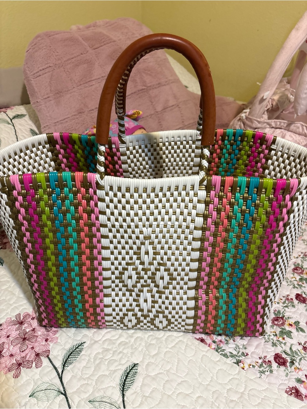 Woven Multicolor Tote Bag with Brown Handles